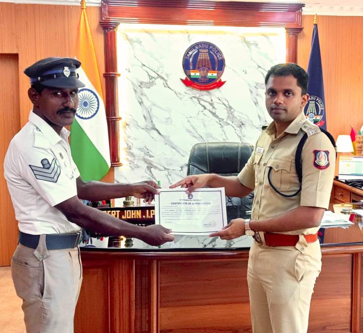 ஒரு நொடி தாமதமிருந்தால் உயிரிழந்திருக்கும் பசு–கன்று… காவலர் சுப்பையா வீரச் செயல்!
